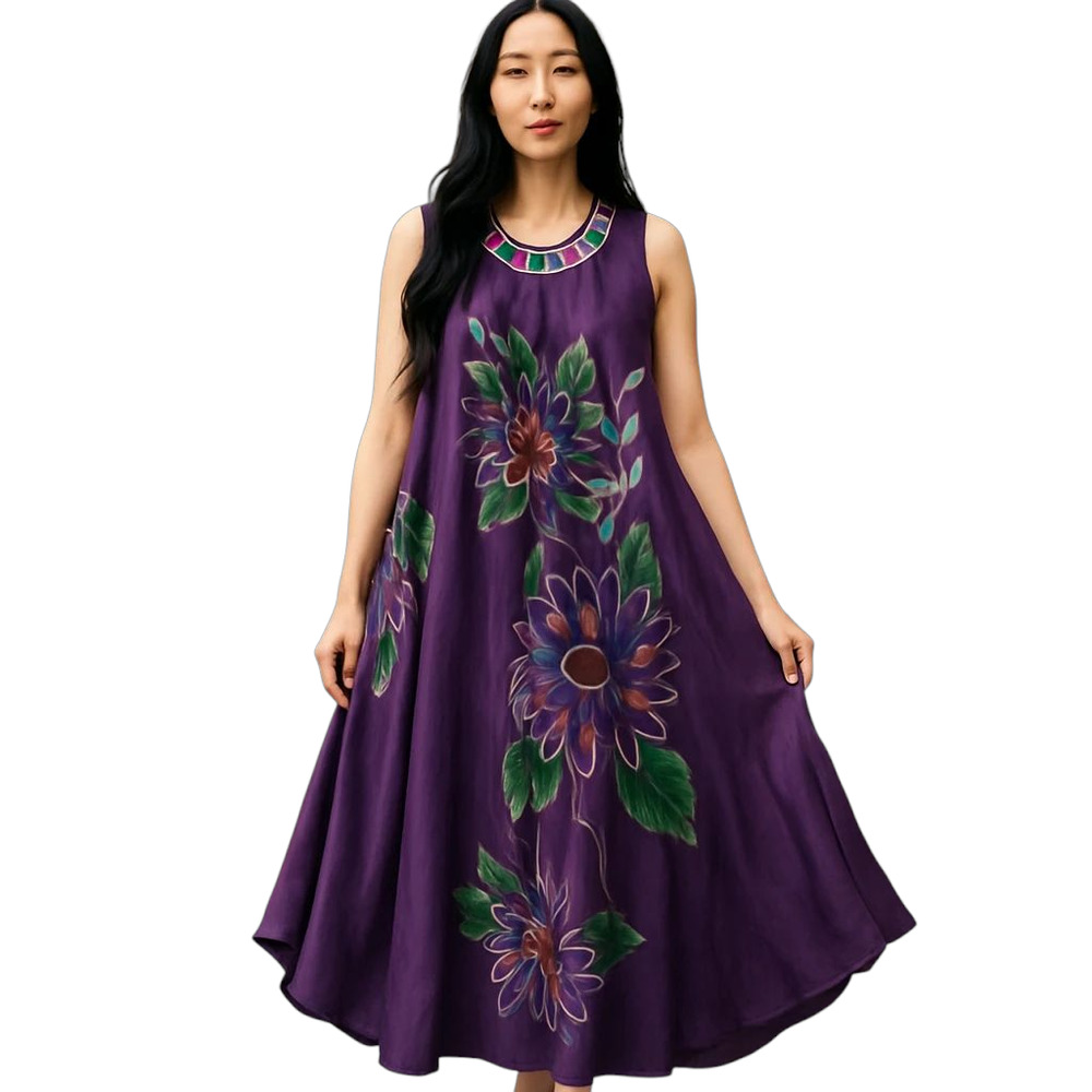 OMJA Midi Maxi Dress Women’s OS One Size Purple‎ Floral Embroidered Rayon Boho